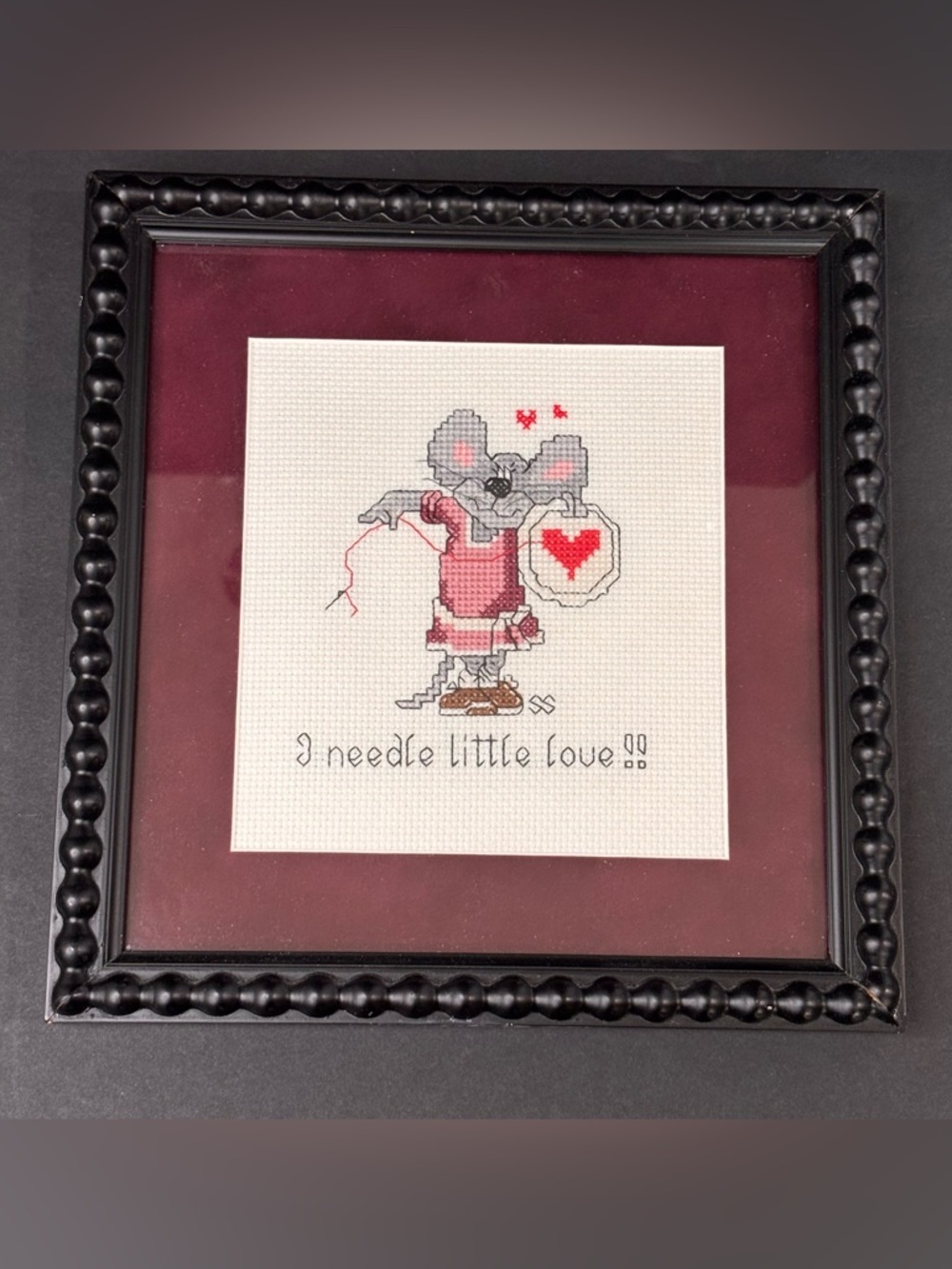 Completed Professionally Framed Cross Needlepoint “I Needle Little Love” Mouse